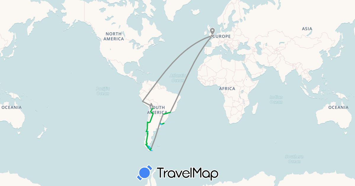 TravelMap itinerary: driving, bus, plane, boat in Argentina, Bolivia, Brazil, Chile, United Kingdom, Peru, Uruguay (Europe, South America)